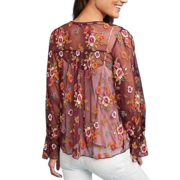 Anthropologie Tops - Anthropologie Feather Bone Top XS Size Ruffled Giralda Blouse Embroidery Floral
